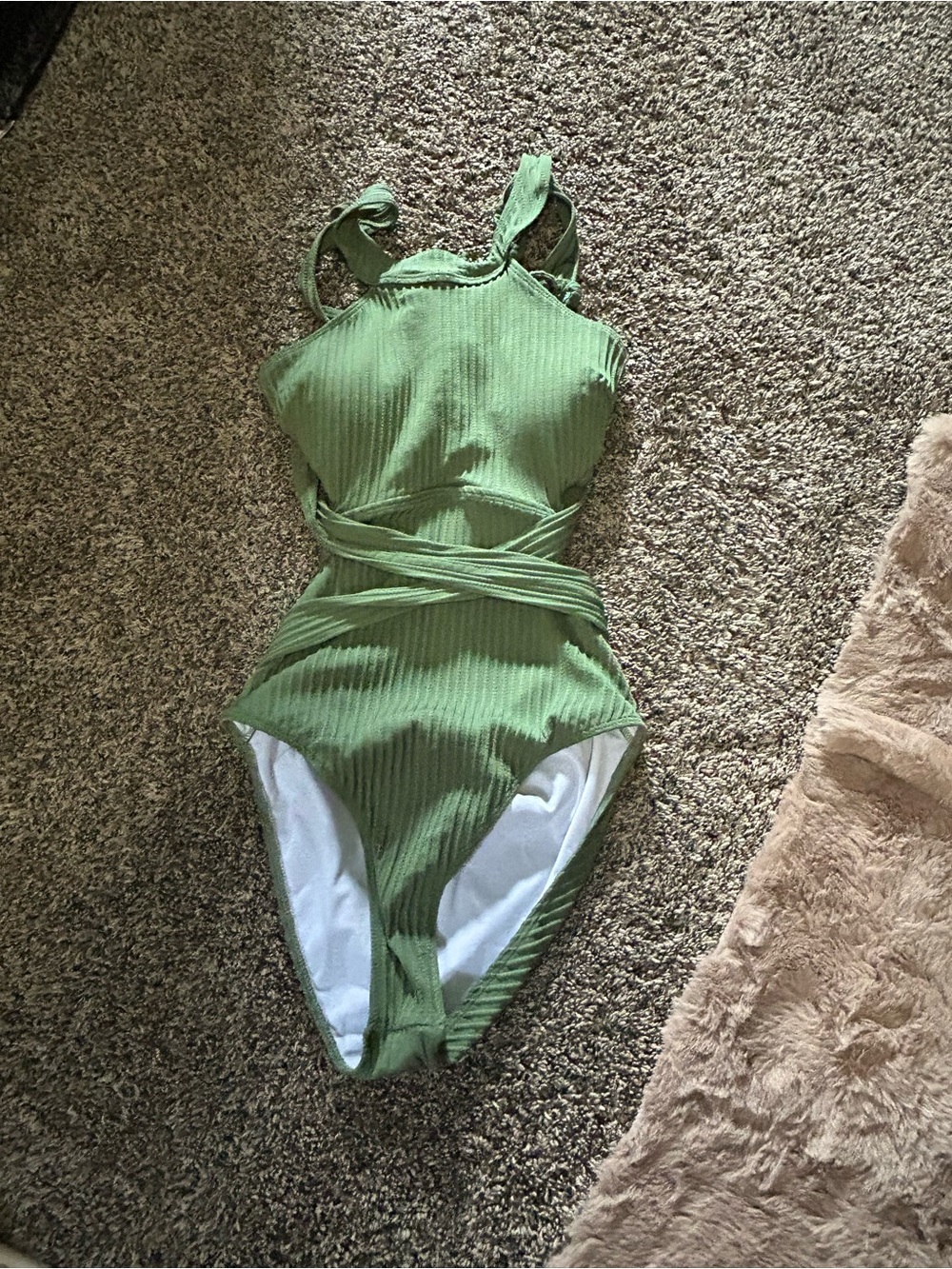 Olive Green Ribbed One-Piece Swimsuit with Wrap Detail